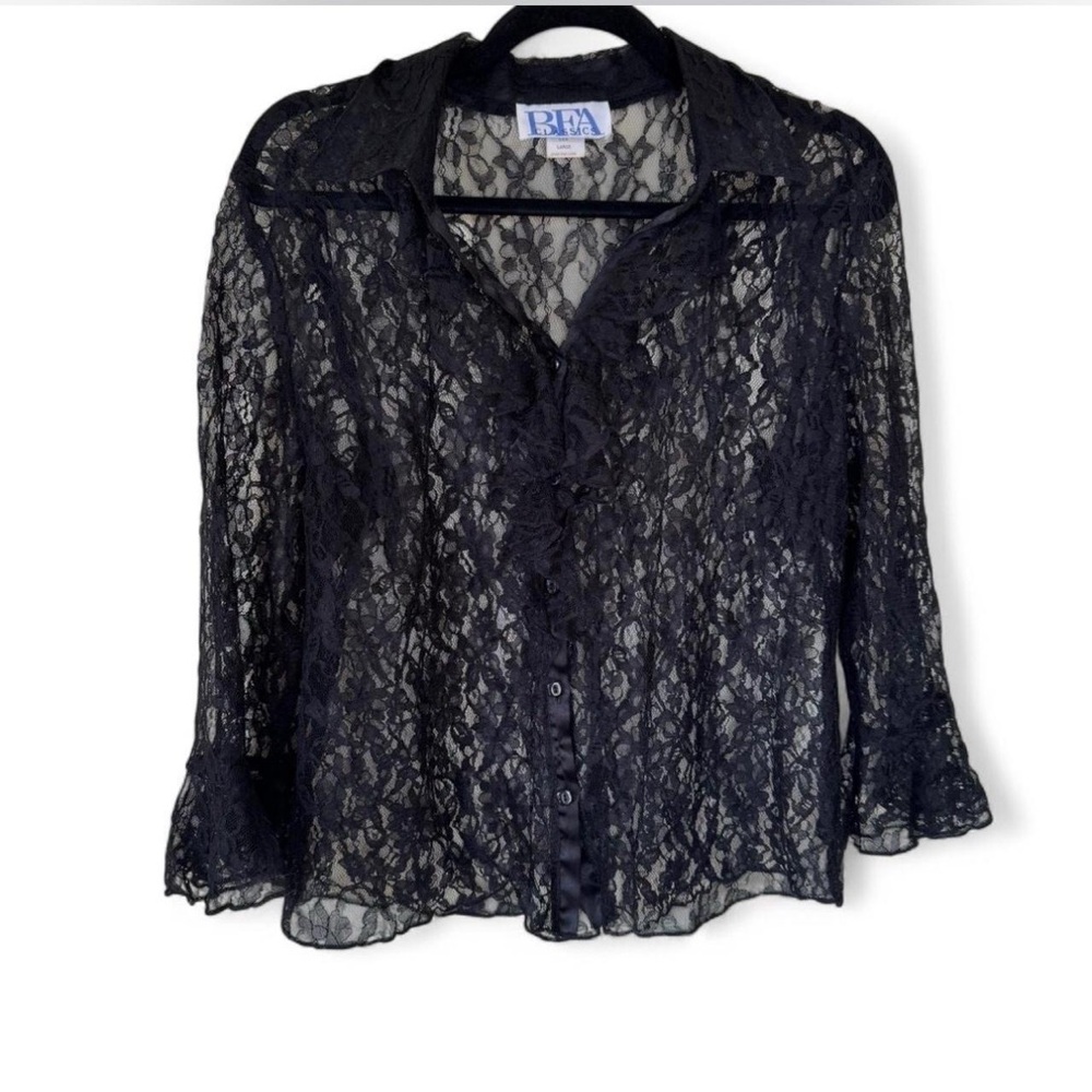 Vintage Black Lace Blouse with ruffles and 3/4 Sleeves